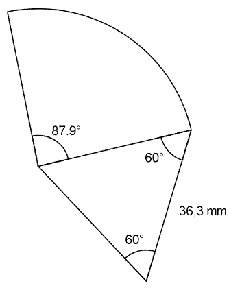 På figuren ser du en likesidet trekant med lengde 36,3 mm. Festet til den ene siden er en sirkelsektor på 87.9 grader (radien er lik siden i trekanten).